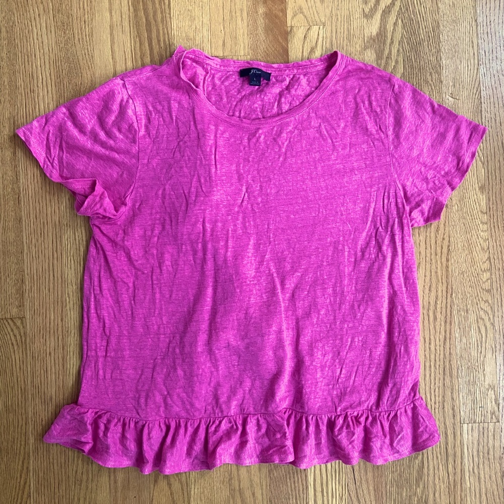 J. Crew Ruffle Back Linen Pink Tee